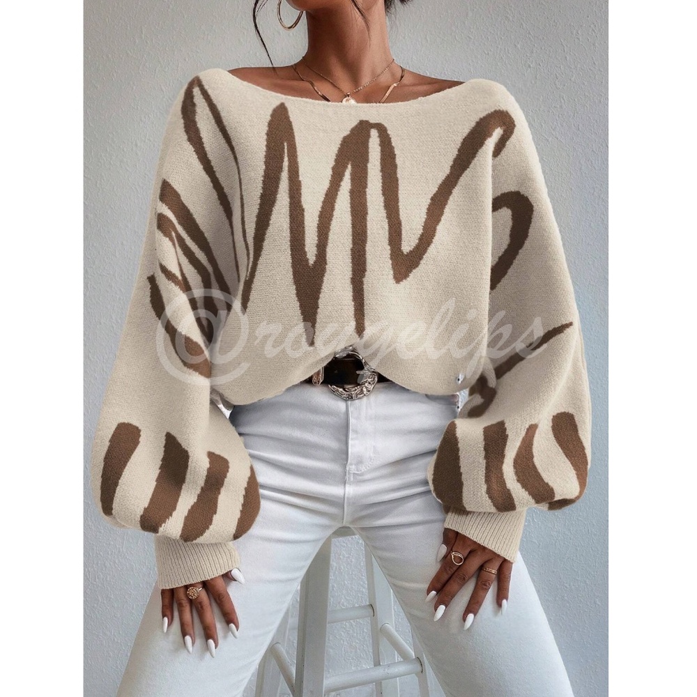 Rouge! Cream and Brown Off-Shoulder Crewneck Sweater - Picture 4 of 11